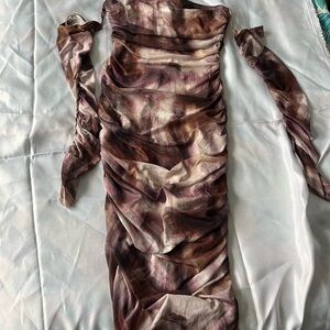 SHEIN Brown and Cream Ruched Long Sleeve Dress